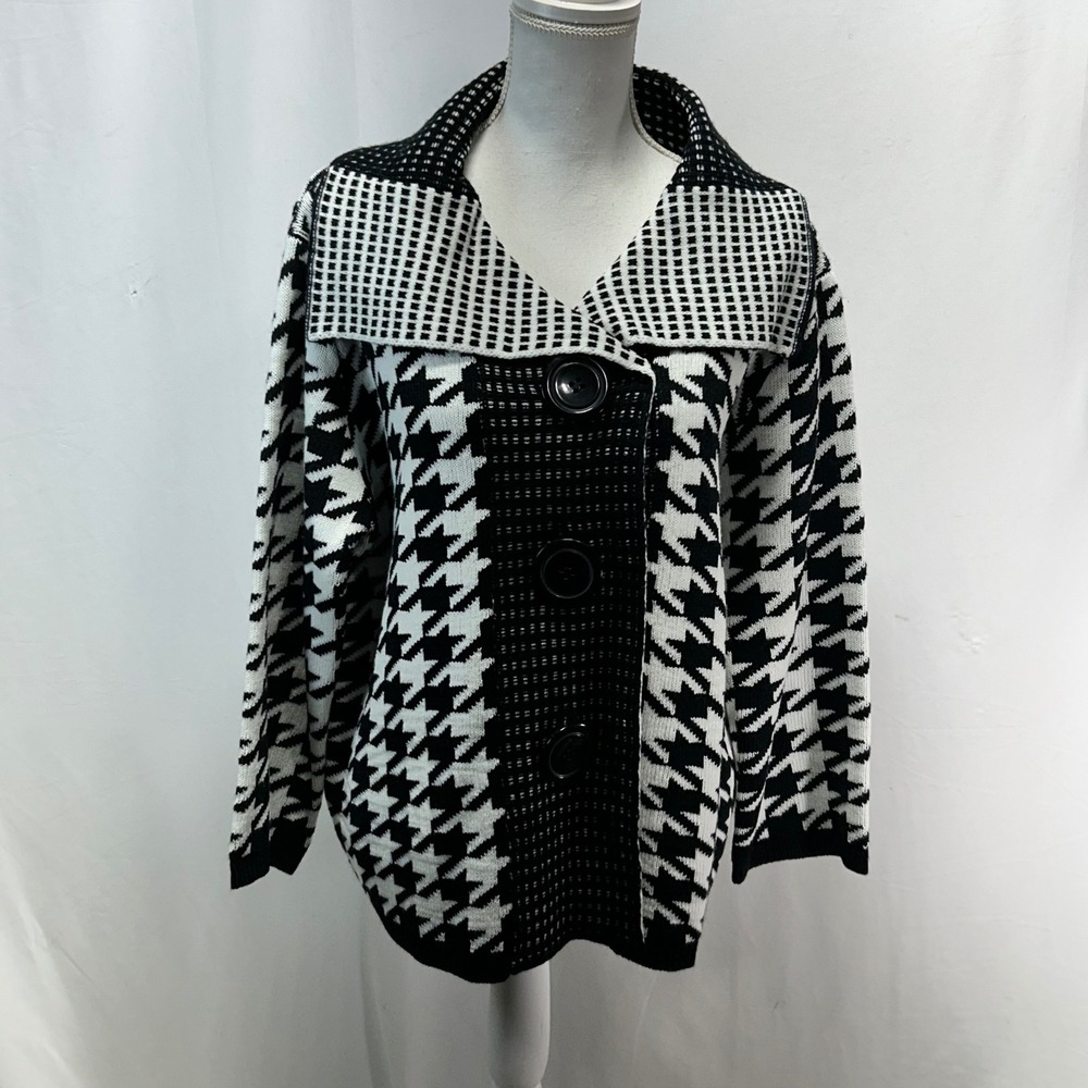 Womens Black White Houndstooth Cardigan Sweater Jacket Large Collar‎ Buttons